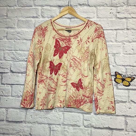 Sigrid Olsen Open Knit Butterfly Embroidered Sweater Size Medium - Picture 2 of 10